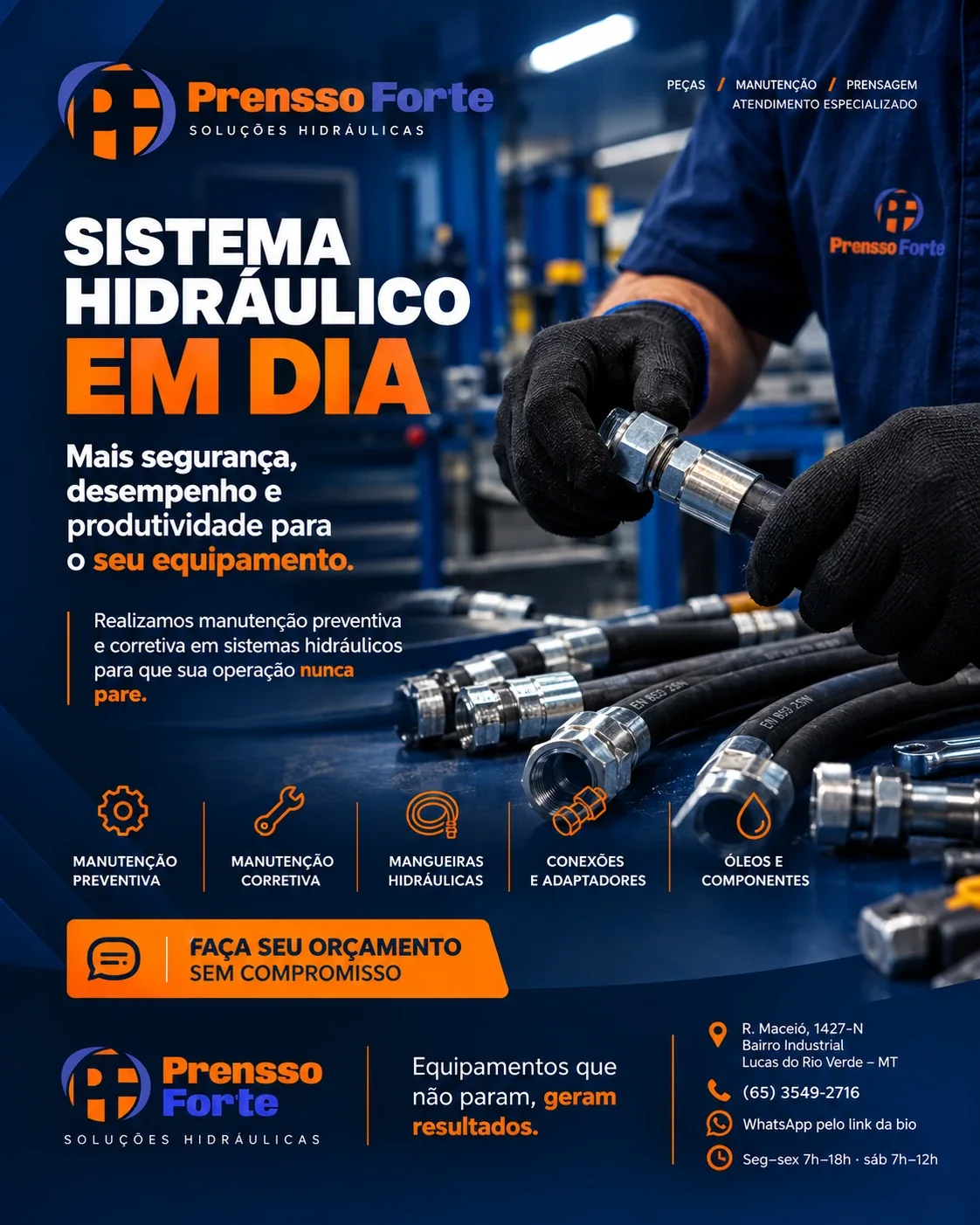 Sistema hidráulico em dia: manutenção preventiva e corretiva, mangueiras, conexões e óleos na Prensso Forte, hidráulica em Lucas do Rio Verde